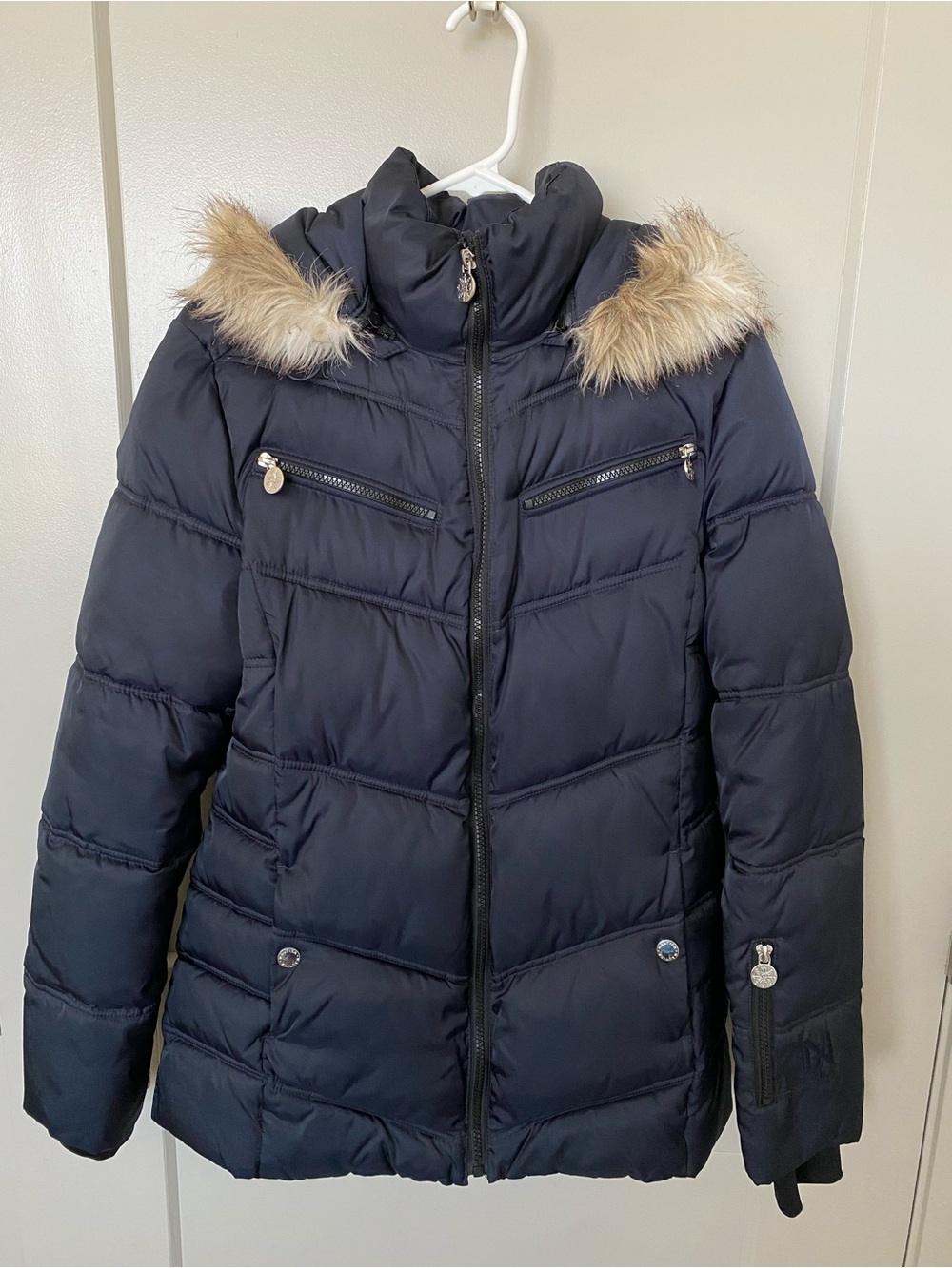 Nautica Navy Puffer Jacket with Detachable Faux Fur Trim Hood Women’s Medium